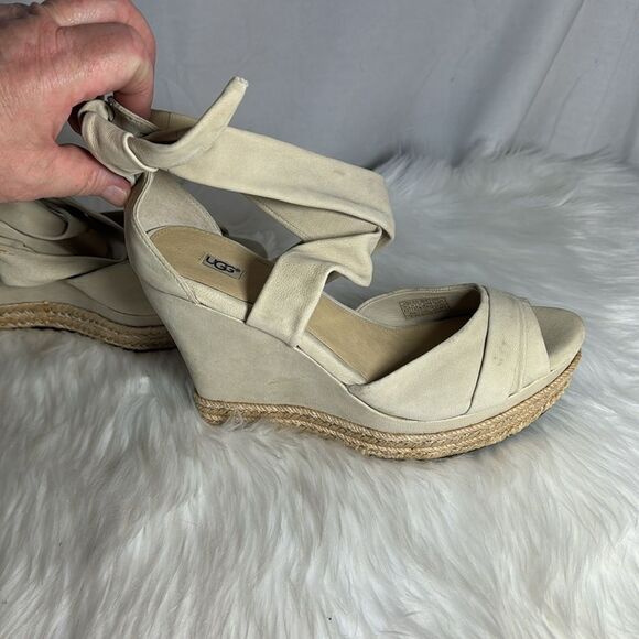 UGG Lucy Ankle Light Tan Twist Wrap Jute Wedge‎ Platform Sandals Sz 8.5 - Picture 5 of 9